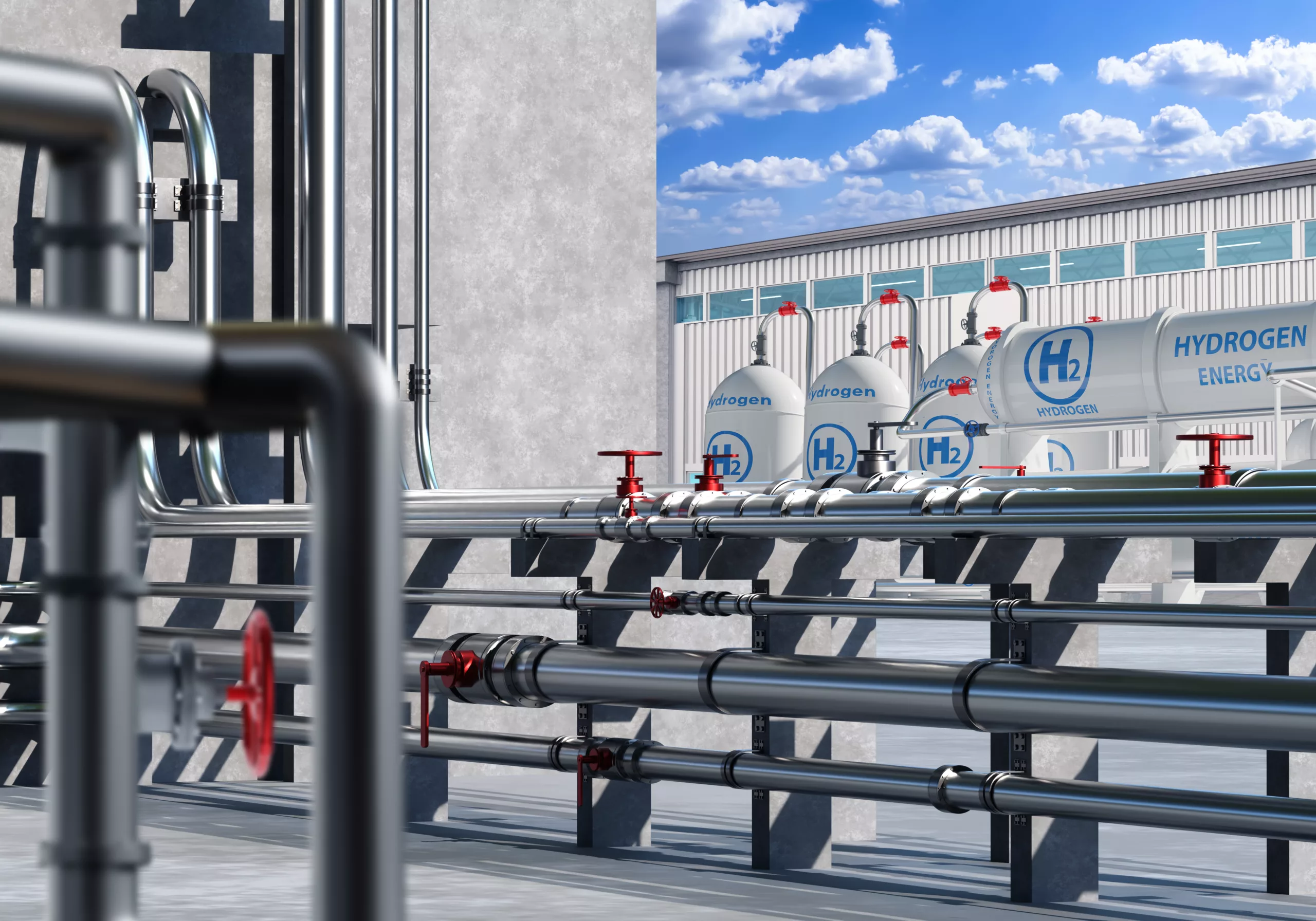 Hydrogen factory. energy infrastructure. manufactory for production hydrogen gas. territory plant with gas tanks. hydrogen energy enterprise. eco factory exterior. innovative power plant. 3d image